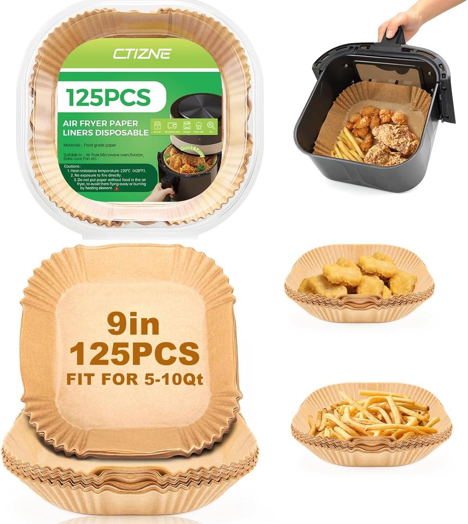 Ctizne Disposable Air Fryer Paper Liners, 125Pcs 9 In Large Square Parchment Paper Liner, Non Stick Baking Paper for 8Qt - 12Qt Air Fryer Basket Microwave Oven, Deep Fryer Parts & Accessories