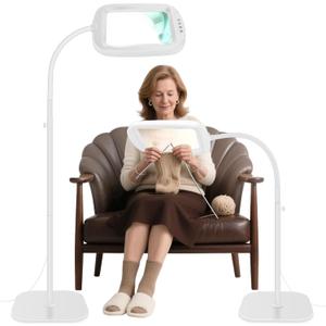 30X 10X Extra Large Floor Magnifying Glass with Light and Stand,60 LED Flexible Gooseneck Floor Magnifying Lamp with 5 Color Modes, 2-in-1 Lighted Magnifiers for Close Work, Sewing,Crafts, Painting (White)