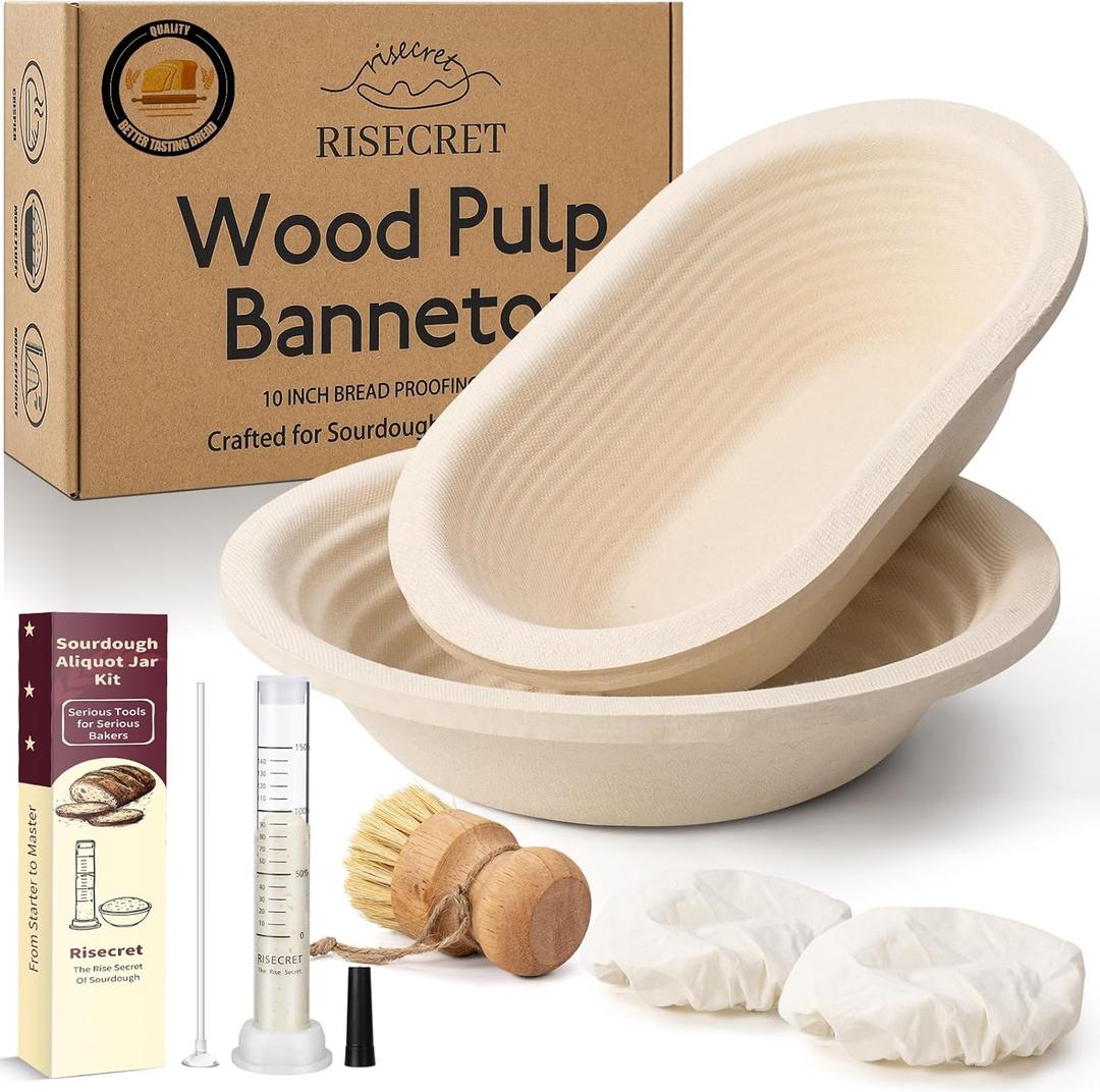 Non-Stick Wood Pulp Banneton Bread Proofing Basket Set With Aliquot Jar, 9" Round & 10'' Oval Sourdough Banneton Basket Kit, Bread Making Tool Sourdough Starter Kit with Proofing Bowl