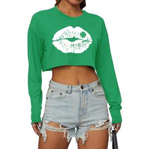 Women's St. Patrick's Day Crop Top St. Paddy's Day Shirt Irish Shirts Shamrock Graphic Long Sleeve Crop Tops for Teen Girls (La-green) M