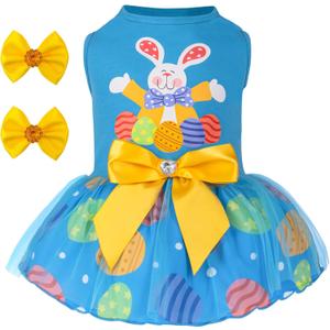 cyeollo Dog Easter Dress, Cute Doggie Easter Outfit, Breathable Bunny Egg Print Dog Clothes, Comfy Doggie Tulle Skirt, Pullover Holiday Pet Apparel with Bowtie for Dogs Girl, Blue L