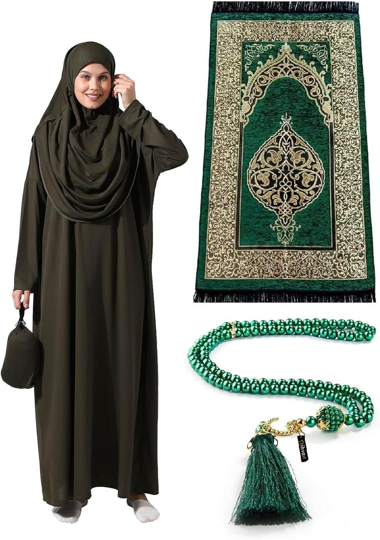 ihvan online Muslim Dresses for Women, One-Piece Prayer Dress & Prayer Rug & Beads, Islamic Gift Set for Eid Ramadan (XS-XXL, Khaki)