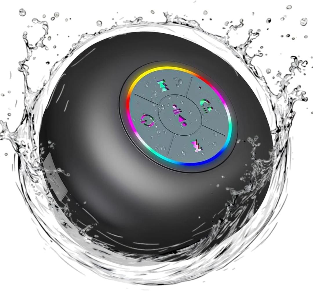 Bluetooth Shower Speaker with LED Portable Wireless Mini Speaker with Mic & Suction Cup, IPX4 Water Resistant for Shower, Travel, Pool, River Floating, and Outdoor Fun (Black)