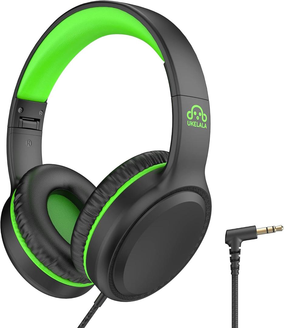 UKELALA Green Wired Headphones for Boys Portable On Ear Youth Headphones for School Airplane Travel Lightweight Portable Compatible with Pad Computer Laptop for Adults Student Children Girls Kids