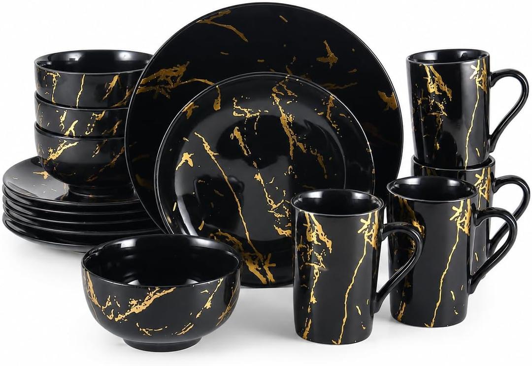 16-Piece Porcelain Dinnerware Set for 4, Black Gold Marble | Includes 4 dinner plates, 4 salad plates, 4 bowls, and 4 mugs. Microwave and dishwasher safe for everyday dining.
