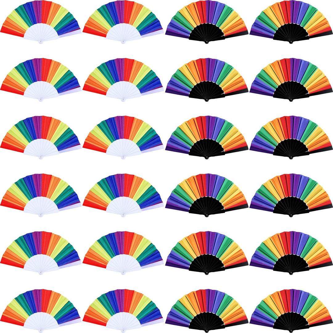 Yahenda 24 Pcs Rainbow Gay Hand Fans Rainbow LGBT Folding Fan Plastic Colorful for Party Decoration Favors Performance Music Festival Events Dance Supplies Gifts(Black White,Vertical)
