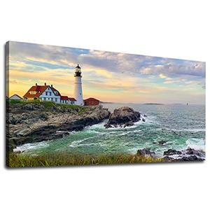 Sunset Lighthouse Canvas Wall Art for Living Room Wall Decor Sunset Seascape Canvas Pictures Ocean Canvas Prints Nature Canvas Artwork Office Home Wall Decorations Framed Ready to Hang 24" x 48"