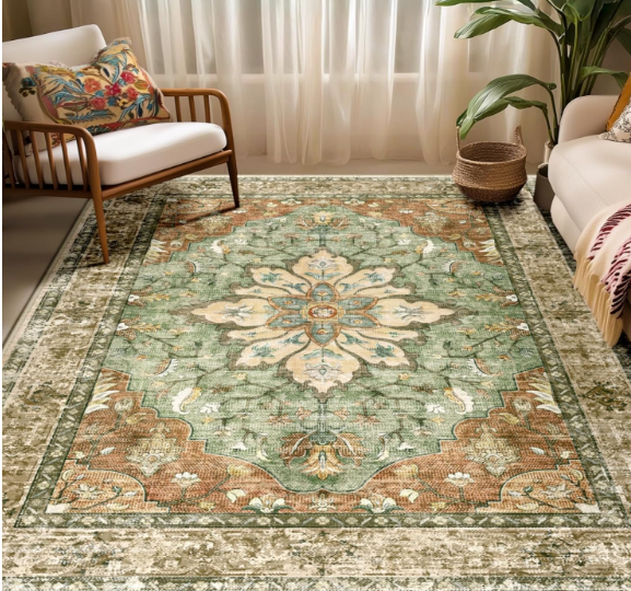 RELEANY Washable Area Rug, 5'x7', Brick/Brown/Green
Non-Slip, Water Repellent, Pet Friendly, Easy to Clean, Vintage Floral Boho Decor for Living Room Bedroom Dining Room Office