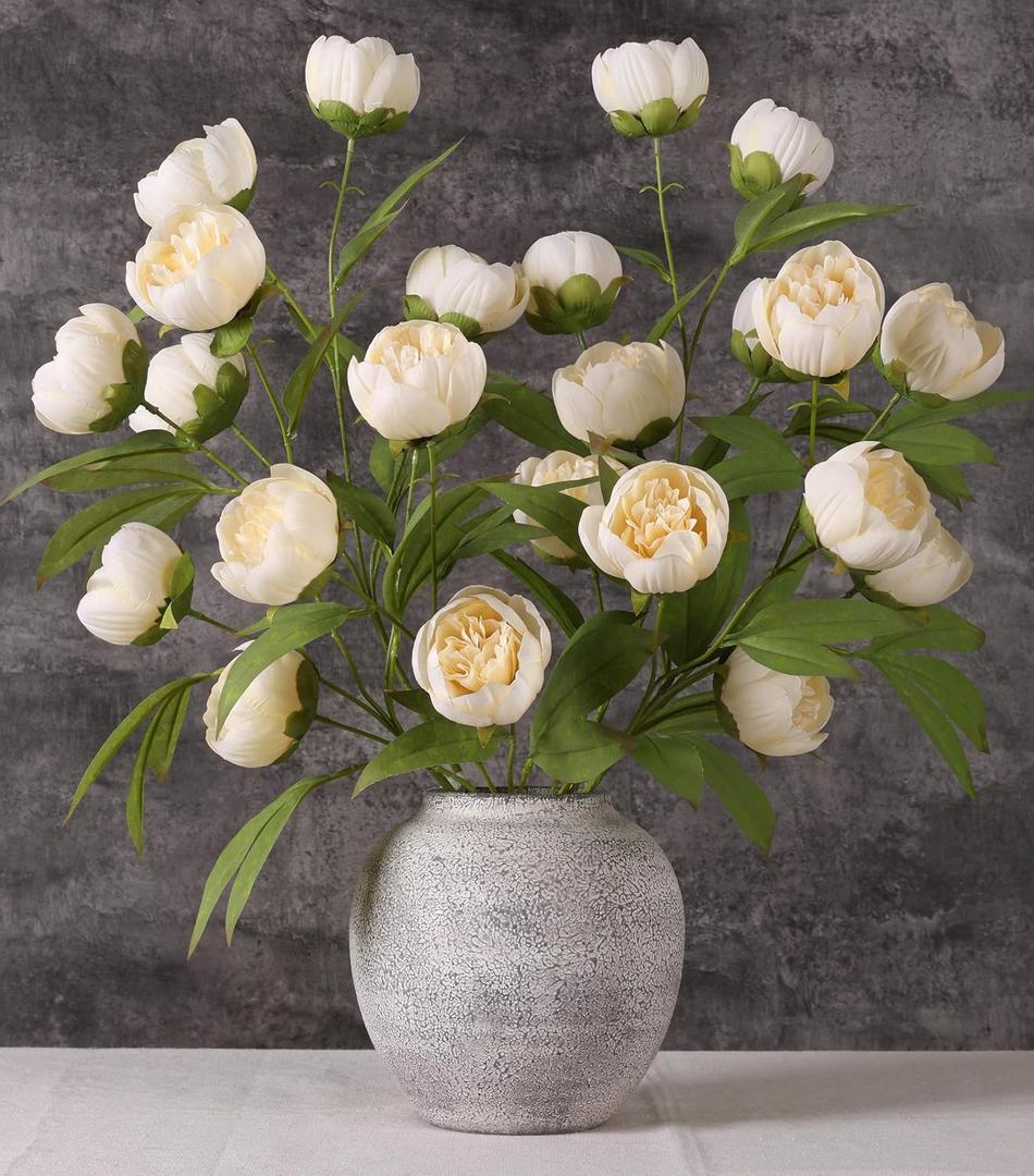 florisso 6 Pcs 27" Faux Silk Artificial Peony Flowers, Fake Peony Branches for Vase DIY Bouquet Centerpieces Wedding Shower Decorations, Champagne