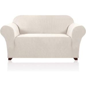 PrinceDeco Stretch Loveseat Sofa Cover Slipcover Couch Cover for 2 Cushion Sofa Washable Sofa Cover for Pets Friendly Furniture Protector Covers with Non Slip Bottom(Loveseat, Ivory)
