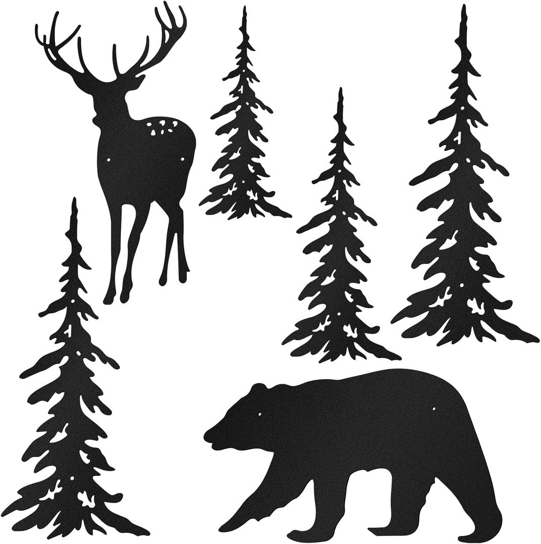 Moxweyeni 6 Pieces Metal Wall Art Deer Bear Pine Tree Wall Decor Hanging Forest Decor Rustic Cut Metal Art Wall Decor for Home Bedroom Office Outdoor Decorations(Black)