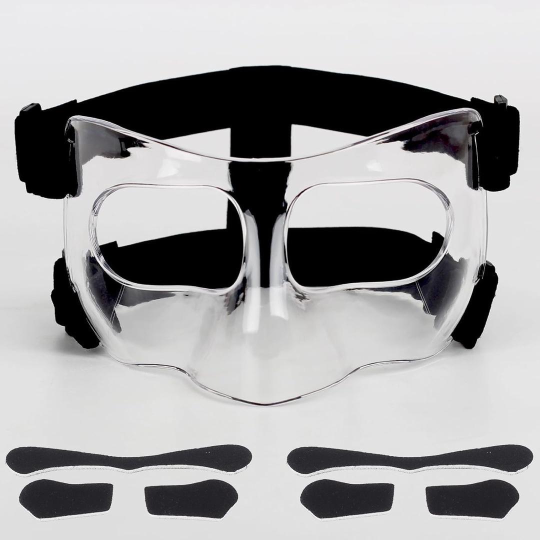 QK01 Nose Guard for Broken Nose, Face Shield Masks for Soccer, Basketball, and Other Sports Protect, Adjustable for Kids, Teenagers, and Adults, Suitable for Men and Women (Clear)