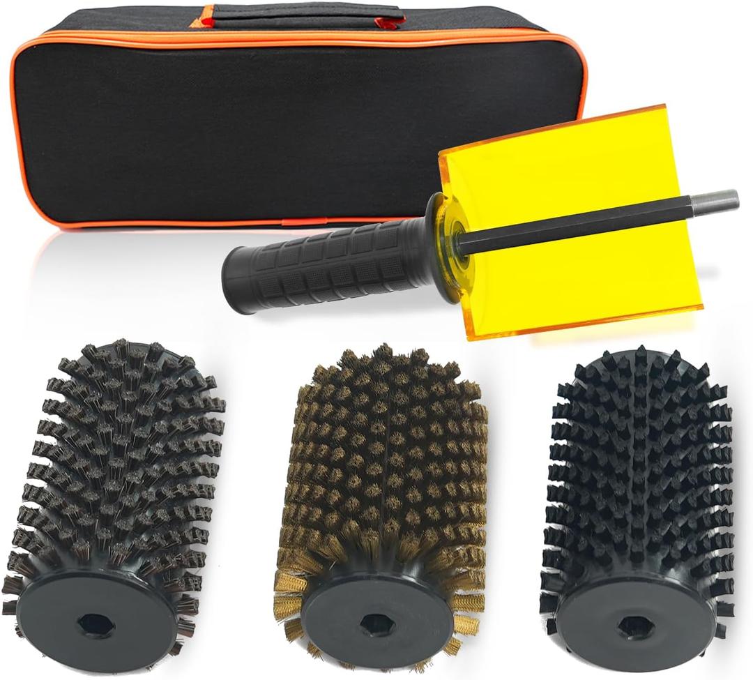 100mm Ski Roto Brush Kit Roto Brush Handle Axle with All 3 Brushes (Brass, Horse Hair and Nylon) with Protector Storage Bag, Handle Ski Rotation Brush Kit Using on Electric Drill