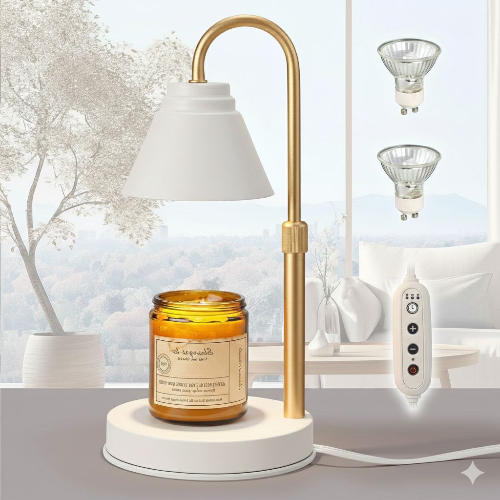 Candle Warmer Lamp - Timer & Dimmer w/ 2 Bulbs, Height Adjustable Candle Warmer for Bedroom, Home Decor, Gold