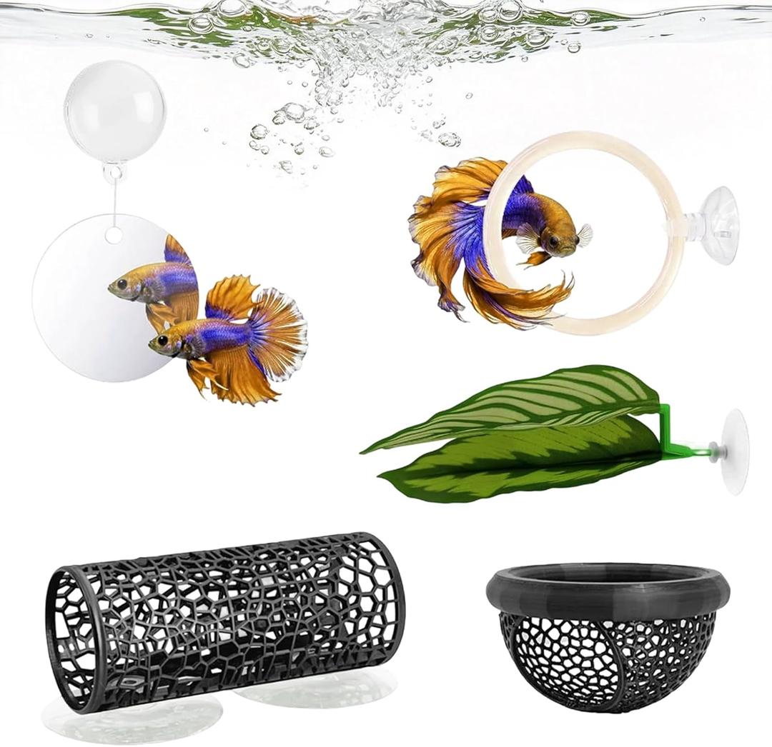 5 Pcs Betta Fish Hammock & Toys Set, Black | Aquarium Tunnel, Floating Mirror, Hammock, Leaf Pad & Exercise Ring, Hiding & Feeding Decor for Shrimp & Small Fish Tanks