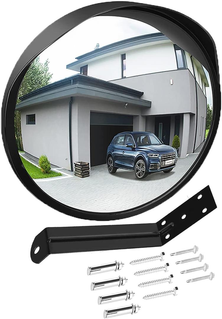Convex Mirror Outdoor for Garage and Traffic Driveway Park Assistant, 12 in Security Mirror with Adjustable Fixing Bracket Indoor and Outdoor (Black)