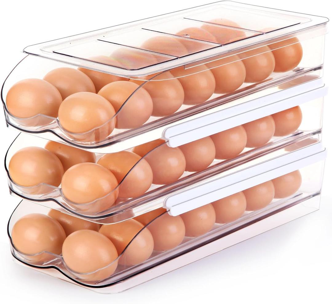 RoskDeewat Egg Holder for Fridge, Automatically Rolling Egg Container for Refrigerator, Clear Plastic Fridge Organizers and Storage with Lid, Stackable Egg Dispenser & Tray (3 Tier)