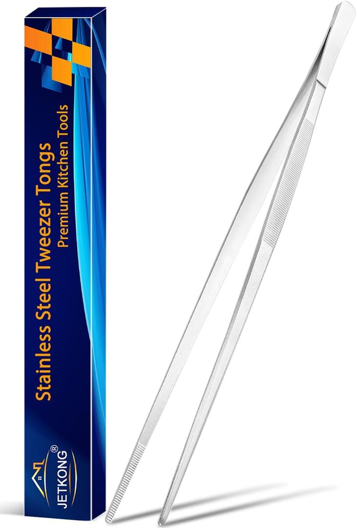 JETKONG 16 Inch Cooking Tweezers Extra Long Kitchen Tweezers, Large Stainless Steel Tweezer Tongs for Cooking Grilling and BBQ (Silver)