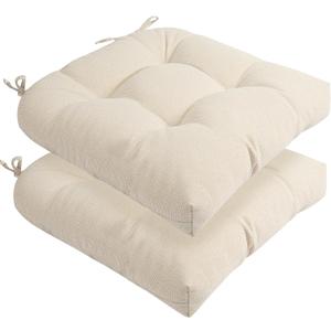 Indoor/Outdoor Tufted Seat Cushions with Ties Set of 2, 19"x19" Chair Cushions for Dining Chairs, Waterproof Overstuffed Chair Pads for Garden Patio Kitchen Home-Cream, 2 Count