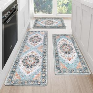 Cushioned Kitchen Rug Sets 3 Piece Anti Fatigue Kitchen Mats for Floor Non Slip Waterproof Kitchen Rugs and Mats Comfort Standing Mat Runner for Home Office,Sink,Laundry (17.3''x28''+17.3''x36''+17.3''x48'', Blue)
