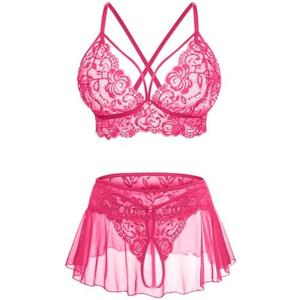 CRIPOM Sexy Lingerie for Women Naughty 3 Piece Lace Bralette, Mini Skirt with G-String Crotchless Lingerie Outfits S