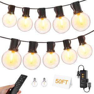 50FT Outdoor String Lights with Remote Dimmer, 25 + 2 Spare Led G40 Bulbs Connectable Dimmable Balcony Lights, Support Timer Waterproof Shatterproof for Patio Porch Garage Cafe