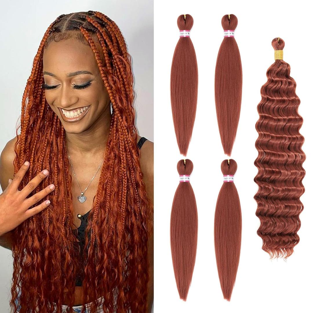 Dorsanee Ginger Braiding Hair for Boho Braids 20 Inch 4 Packs Pre Stretched Braiding Hair and 18 Inch 1 Pack Deep Wave Crochet Boho Braids Synthetic Hair Extensions (350#)