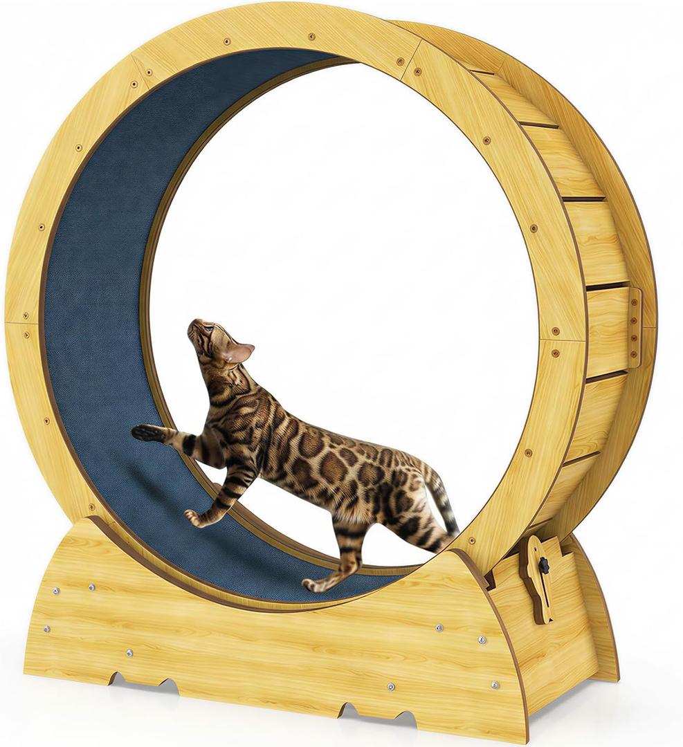 36" Large Cat Exercise Wheel for Indoor Cats - Solid Wood Cat Treadmill with Detachable Carpet Runway, Silent Running Wheel for Cats Up to 110 lbs
