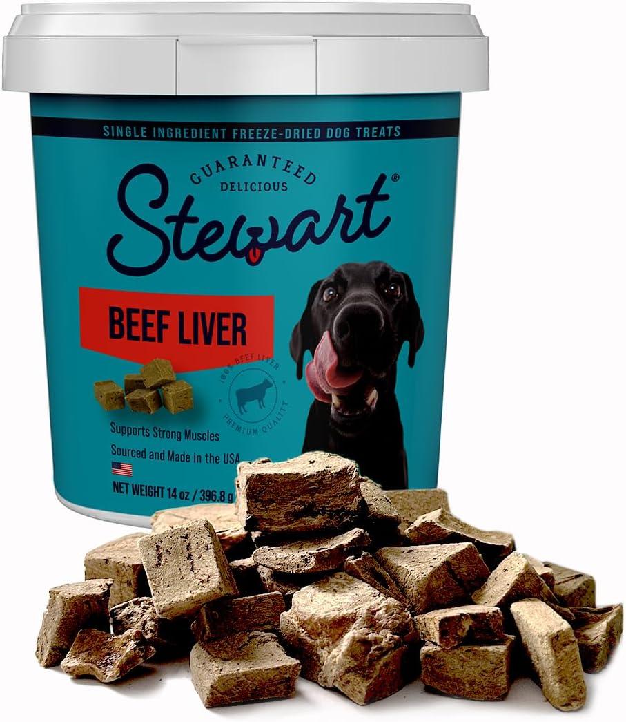 Stewart 100% Beef Liver Dog Treats, 14 oz Tub, ~315 Pieces, Freeze Dried Raw, Single Ingredient, 50% Protein Training Treats or Meal Topper, Grain Free, Gluten Free BB 11/25/2027