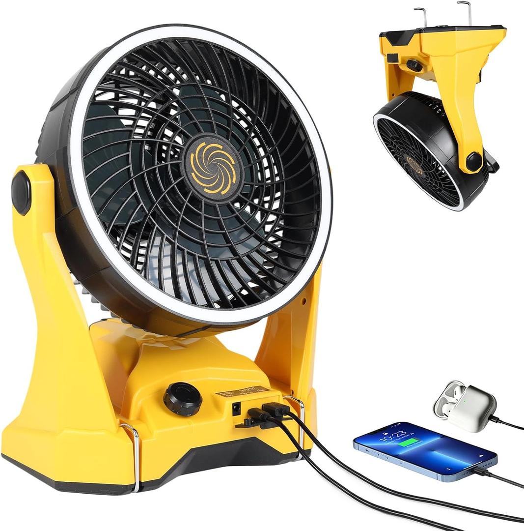 Fan Compatible with DeWalt 20V Battery Portable Jobsite Camping Fan with Infinite Speed Control USB-C and USB Charging, Hook, Handle 270 Tilt 4.5H Max Runtime for Outdoor Use Battery Not Included