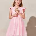 Haloumoning Girls Tutu Dress Ruffle Short Sleeve Fluffy Summer Party Tulle Dress for Kids 7-8Y (Pink)