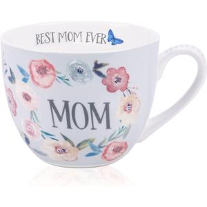 Best Mom Ever Coffee Mug - 20 oz Large Bone China Mug with Floral Design, Thoughtful Mothers Day Gifts for Mom Women, Designed in England by Harvest Green Studio