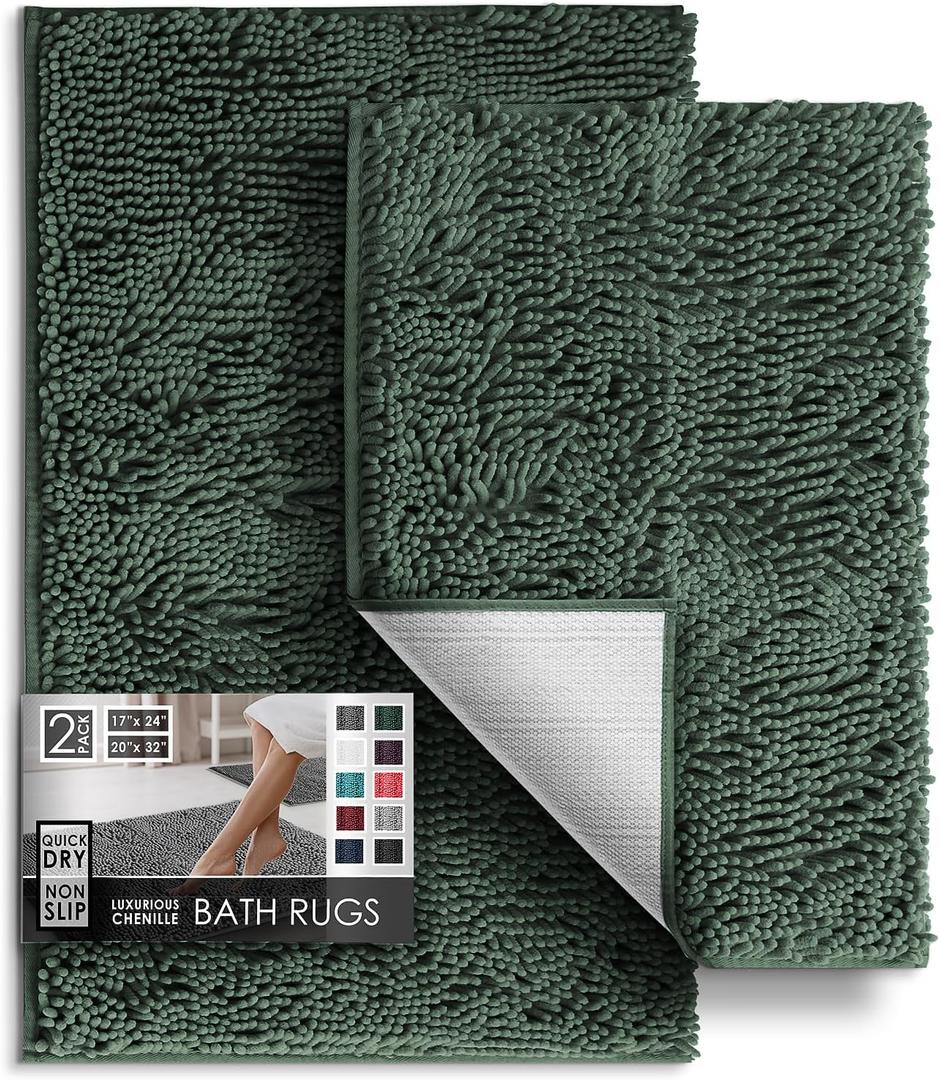 Hearth & Harbor Bathroom Rugs Sets 2 Piece, Chenille Bath Mat Set - Machine Washable Bath Mats for Bathroom Non-Slip Backing Rubber Quick Dry Bathroom Mat - Hunter Green Bath Rug, 17x24-20x32