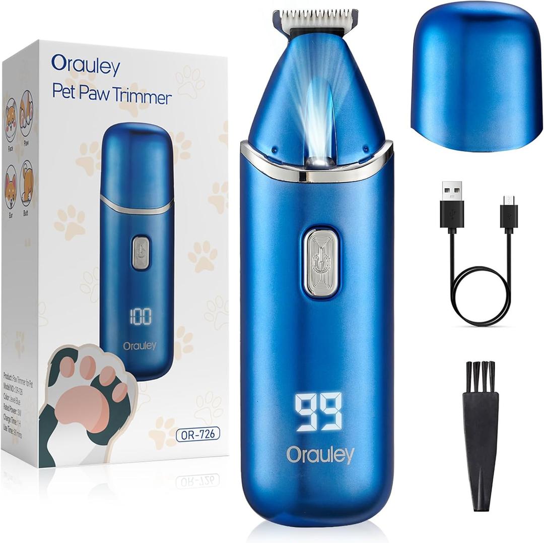 Dog Paw Trimmer, Low-Noise Dog Clippers for Grooming, 20mm-Blade Electric Pet Hair Trimmer with LED Light, Protective Cap, Rechargeable Pet Paw Grooming Clippers for Paws, Ears, Face, Jewel Blue