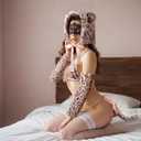 7 Pcs Alluring Anime Tiger Maid Costume for Women Cat Costumes Set with Plush Bra, Tail G-string, Ears Hat, Gloves and Fishnet Stockings, Furry Babydoll Bodysuit, One Size 