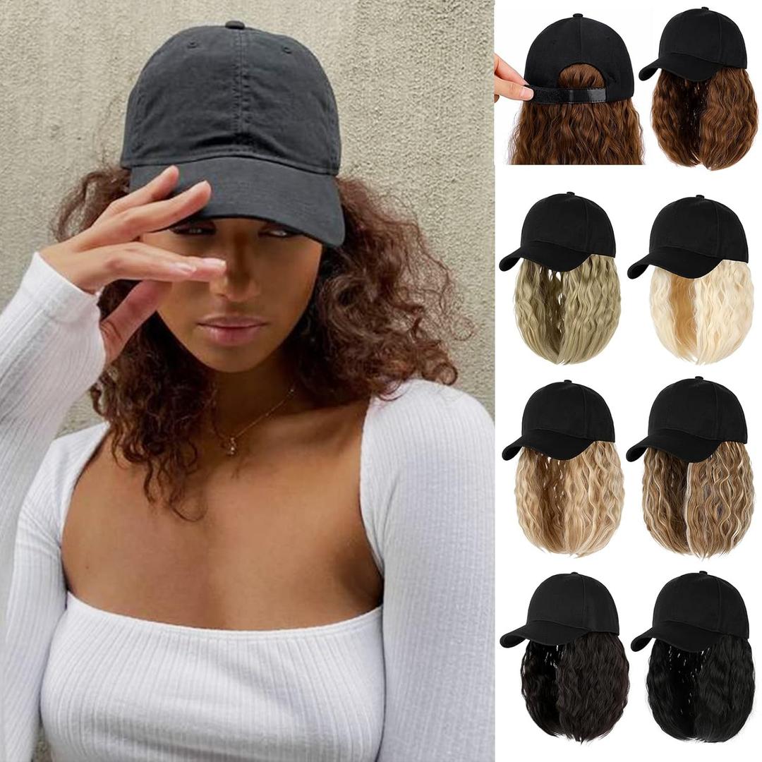 Qlenkay Baseball Cap with Hair Extensions 14inch Wavy Curly Bob Hairstyle Adjustable Wig Hat Attached Synthetic Hairpiece for Woman Baby Blonde Mix Bleach Blonde