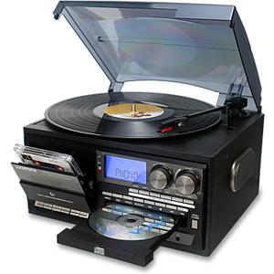 LoopTone Vinyl Record Player 10 in 1 3 Speed Bluetooth Vintage Turntable CD Cassette Player AM/FM Radio USB Recorder Aux-in RCA Line-Out (Black-Grey)