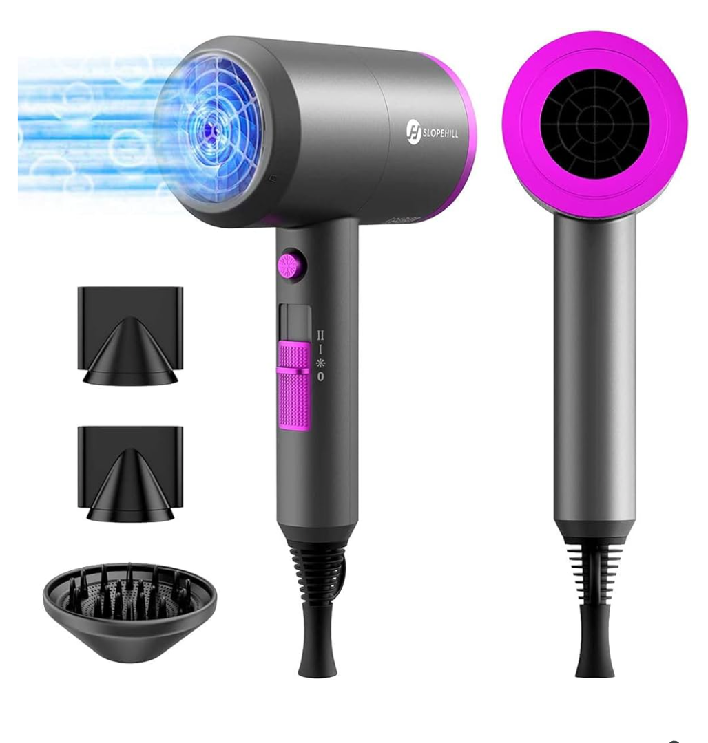 Slopehill Professional Ionic Hair Dryer, Powerful 1800W Fast Drying Low Noise Blow Dryer with 2 Concentrator Nozzle 1 Diffuser Attachments for Home Salon Travel