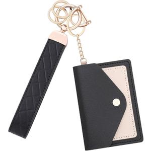 Leather Wristlet Keychain for Women, Cute Keychain Wristlet Car Key Chain with 2 Key Ring, Anti-Lost D Ring and Mini Wallet (Black)
