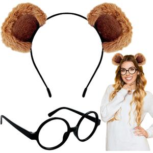 10 x Chipmunks Costumes Set,Chipmunk Ears Headband Black Round Frame Glasses,Fluffy Animal Hairband for Halloween Costume Accessories,Cosplay Party Supplies