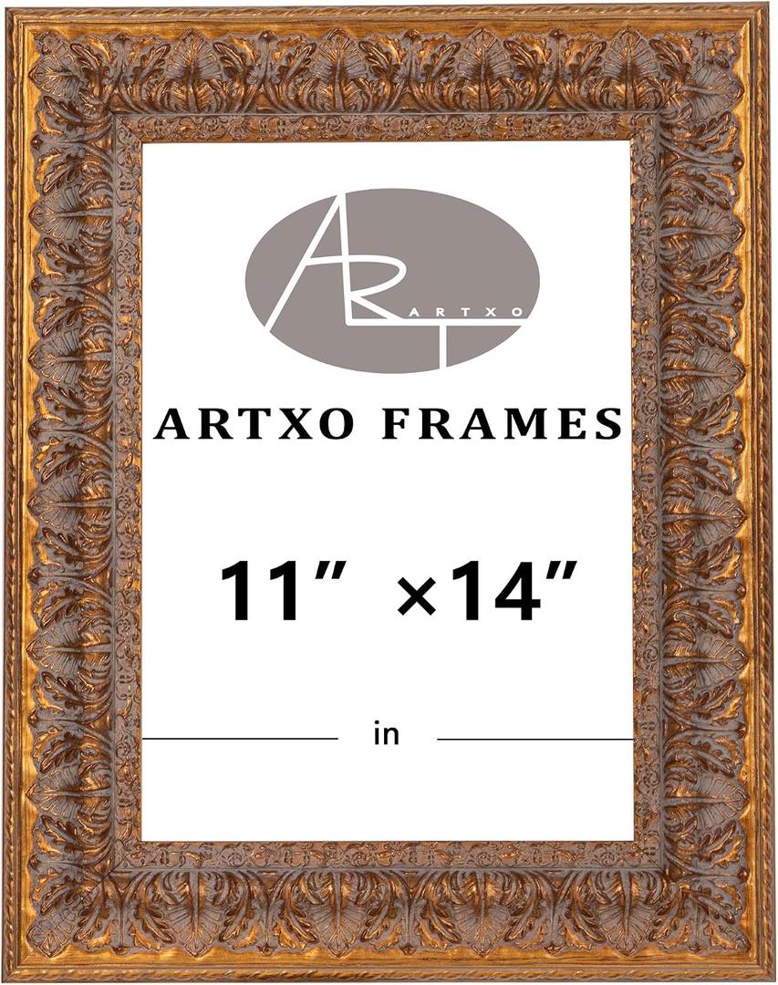 ArtXO 11"x14" Picture Frame Wooden, Display Pictures 8"x10" with Mat or 11"x14" Without Mat,Gold Ornate Frame Poster Frames,Hanging Photo Frame Wall