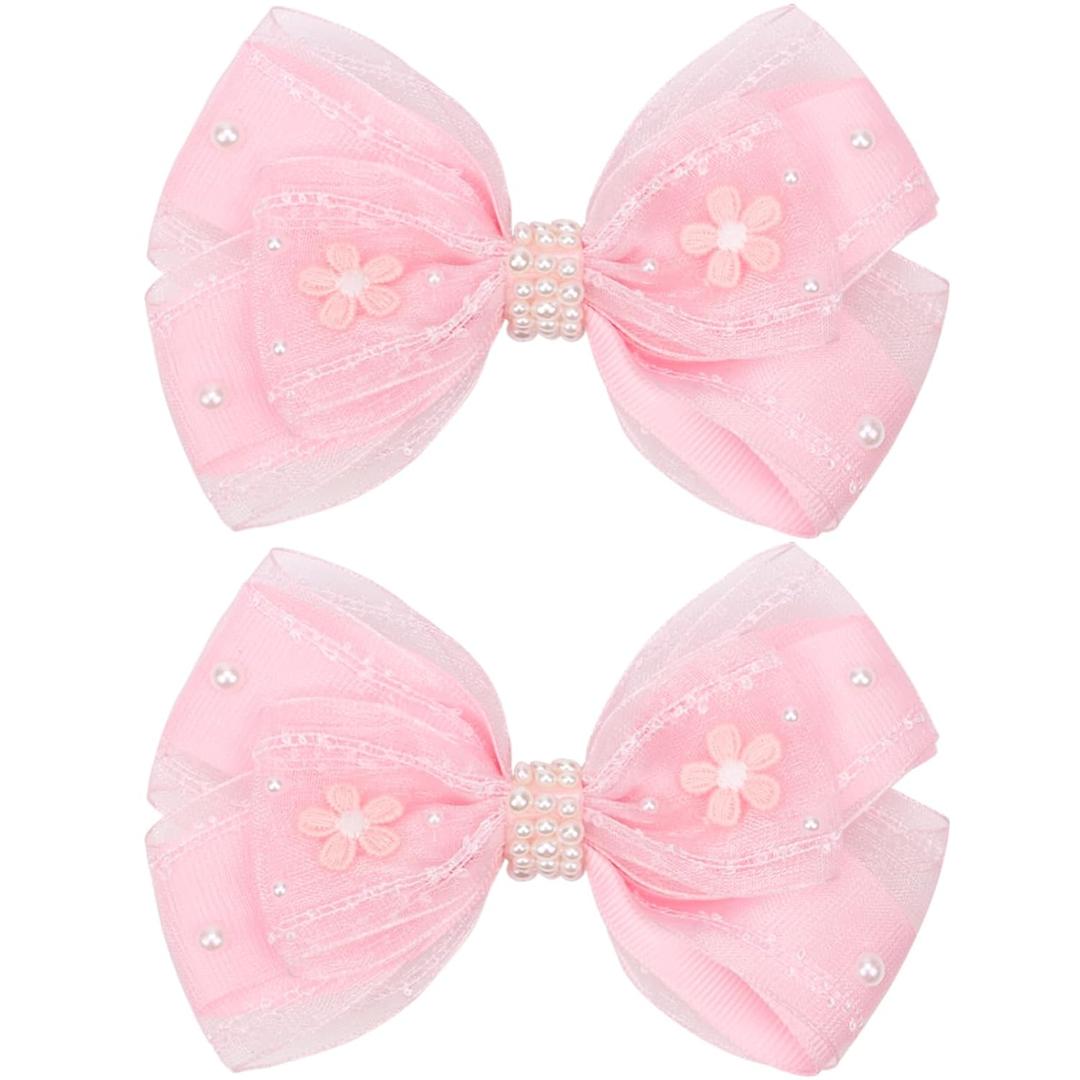 KISZU 4.5 Inch Flower Hair Bow Clips, Organza Bows with Pearls Big Hair Accessories for Baby Girls Kids Children Teens and Women (Pink)