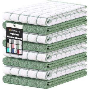 Homaxy Premium Cotton Kitchen Towels 16"x 28", Large Natural Ring Spun 390 GSM Dish Towels, Super Absorbent Terry Kitchen Hand Towels, Soft Tea Towel with Hanging Loop, Grass Green Check, 8 Pack