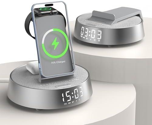 Alarm Clock Charging Station for Bedrooms, Wireless Charging Station with Dimmable Night Light Bluetooth Speaker, Wireless Charger for iPhone 17 16 15 14 13 12 Pro Max, iWatch 11 (Grey)