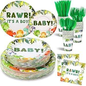 FillTouch 350 Pcs Dinosaur Baby Shower Party Favor Rawr Its a Boy Disposable Tableware Napkins Cups Knives Forks Spoons for 50 Guests Dino Birthday Party Decoration