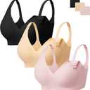 Angelhood 3 Pack Nursing Bras for Breastfeeding Seamless Pregnancy Maternity Bra Wireless Sleep Bralette with Extenders (Medium, Black/Beige/Pink)