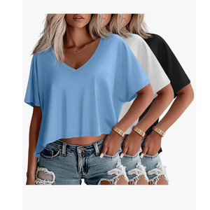 Huukeay 3 Pack Oversized T Shirts for Women Short Sleeve Crop Tops V Neck Irregular Hem Baggy Cropped Tees XL