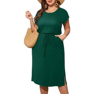Pinup Fashion Women Plus Size Summer Dresses - Casual Work T Shirt Round Neck Midi Dress with Pockets, 22M, Green  Pinup Fashion Women Plus Size Summer Dresses - Casual Work T Shirt Round Neck Midi Dress with Pockets, 22M, Green