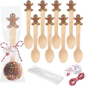 100 Set Christmas Wooden Spoons Hot Cocoa Chocolate Marshmallow Bar Stirring Spoons Chocolate with Tag Bag Rope Gift for Cake Candy Baking (Gingerbread,Delicate)
