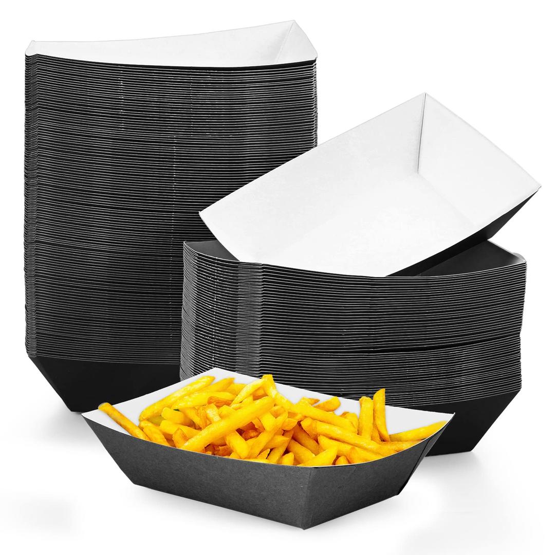 Yinkin 100 Pcs 2lb Paper Food Trays Boat 2lb Disposable Nacho Trays Kraft Paper Boat for Tacos Concession Easter Graduation Birthday Wedding Christmas Halloween Valentine Party Supplies(Black) 